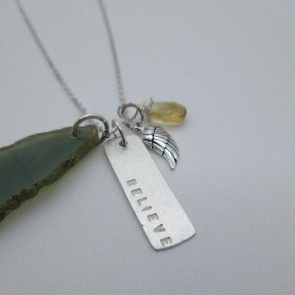 Sterling Silver sliced‎ green agate pendant charm necklace - Picture 4 of 10